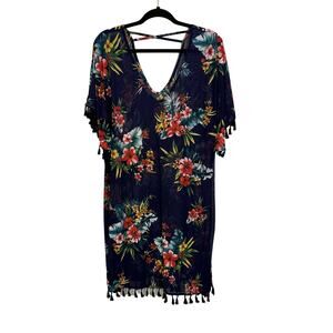 Lildy Silky Swimwear Cover Up Dress Womens L/XL Blue Floral Tassel Boho Hawaiian
